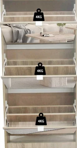 Schuhschrank Mex - 60x23x123cm - 3 Türen - mit Spiegel - Sonoma Eiche