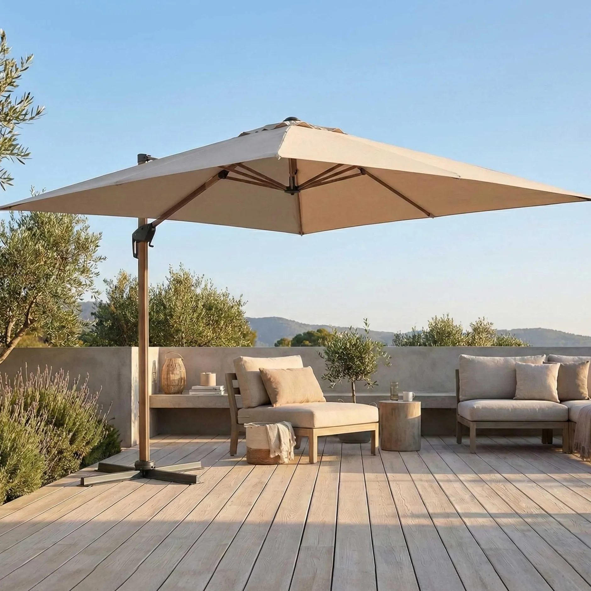 Schwebender Sonnenschirm Dallas Gescova - 300x300cm - Aluminium Holzoptik - Elfenbein