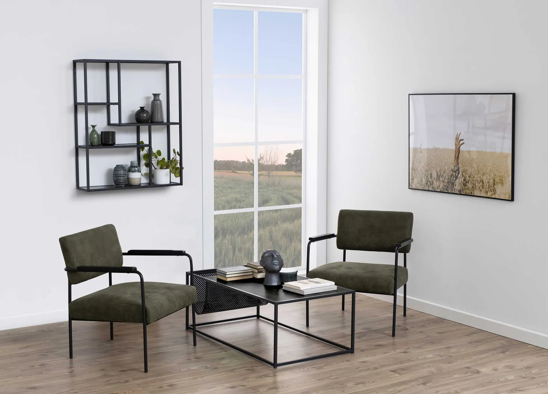 Seaford Rechteckiges Wandregal - Schwarzer Stahlrahmen, Melaminharzböden in Esche - 75x20x91 cm".
