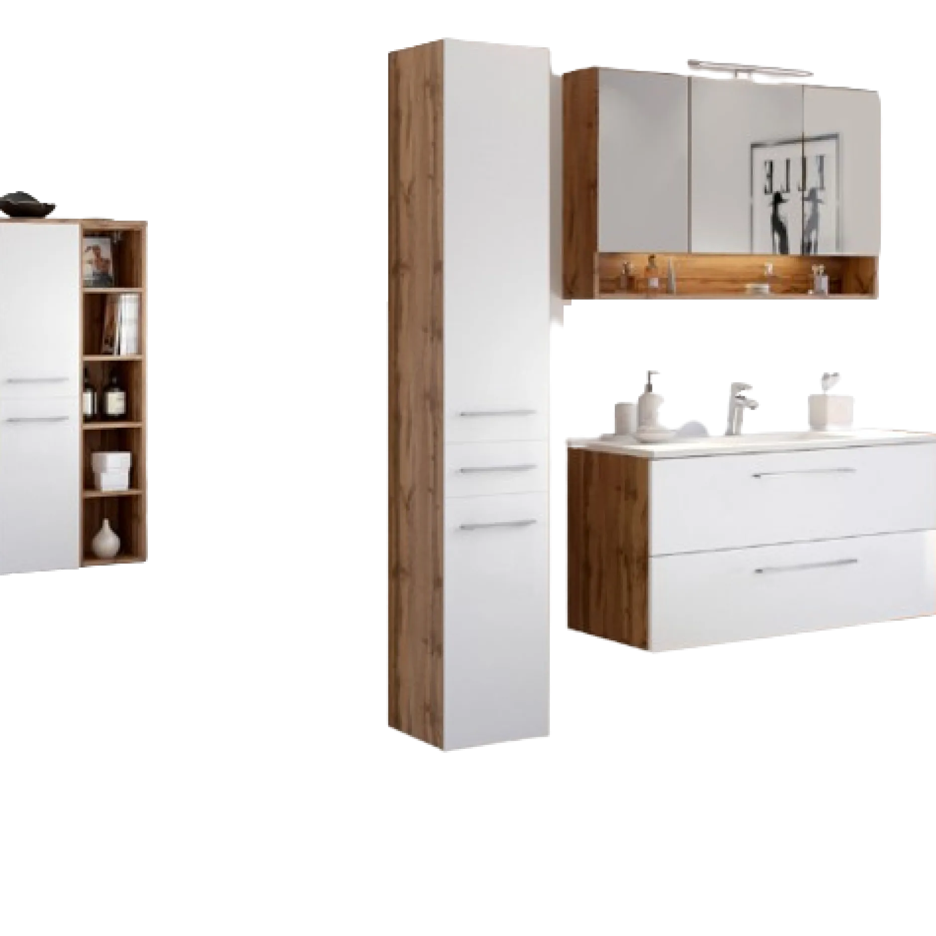 SefaBadezimmer : Spiegelschrank, Waschbeckenschrank, 2x Säulenschrank, Regal - Eiche/Weiß