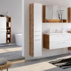 SefaBadezimmer : Spiegelschrank, Waschbeckenschrank, 2x Säulenschrank, Regal - Eiche/Weiß