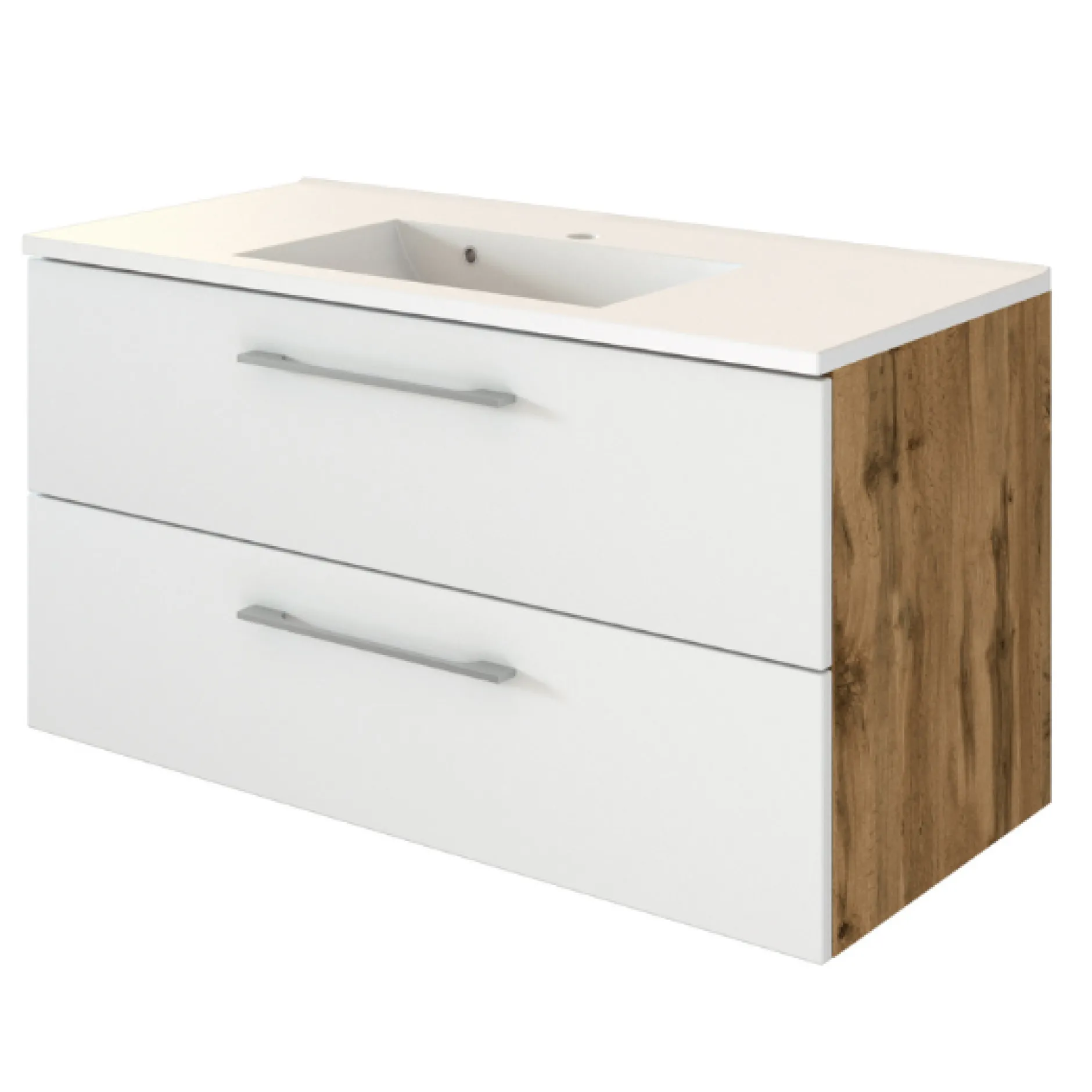 SefaBadezimmer : Spiegelschrank, Waschbeckenschrank, 2x Säulenschrank, Regal - Eiche/Weiß