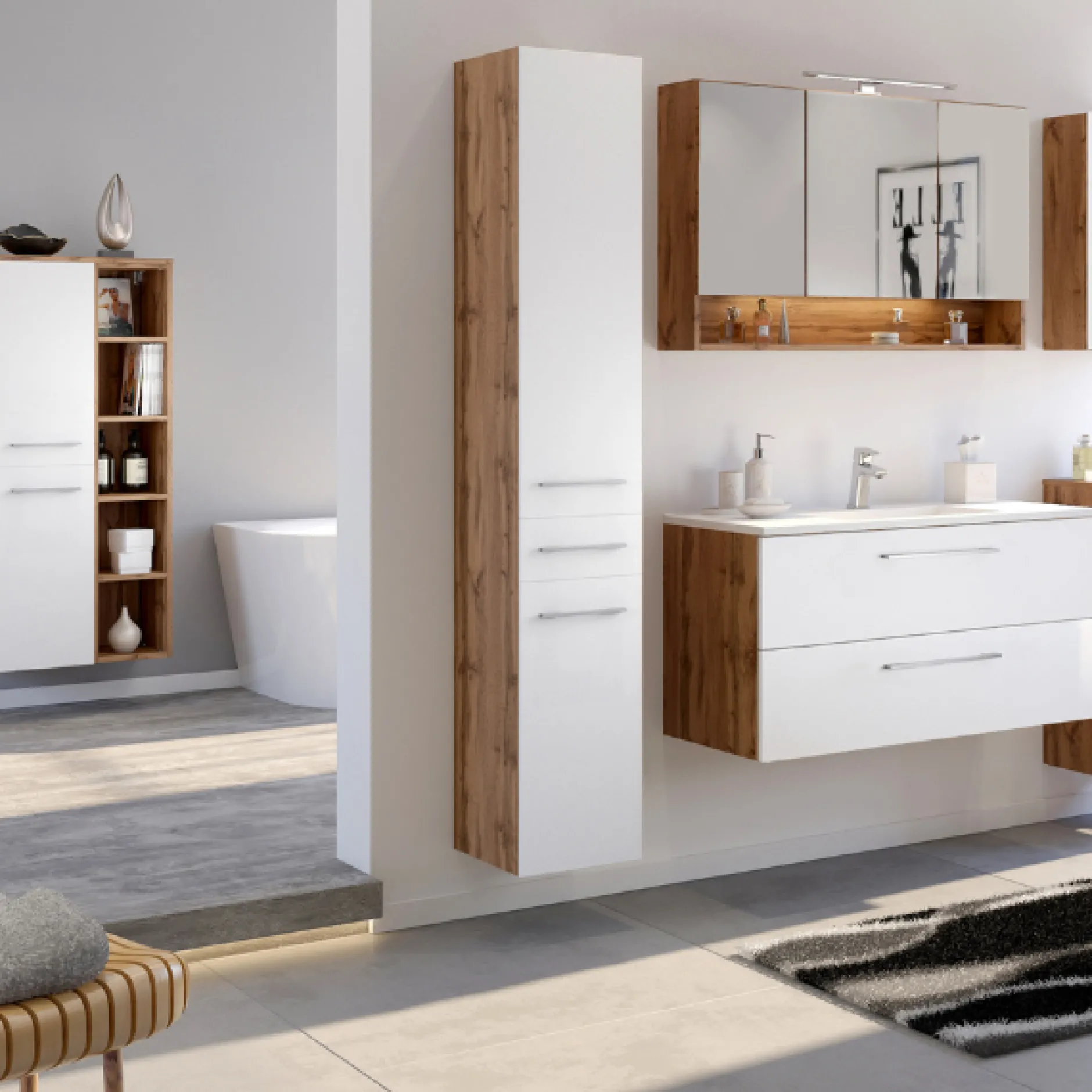 SefaBadezimmer : Spiegelschrank, Waschbeckenschrank, 2x Säulenschrank, Regal - Eiche/Weiß