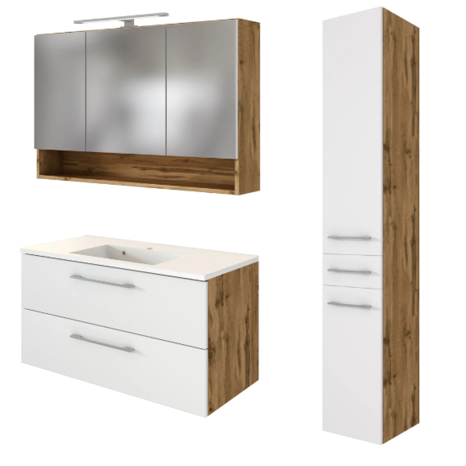 SefaBadezimmer : Spiegelschrank, Waschtischschrank, Säulenschrank - Eiche/Weiß