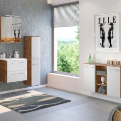 SefaBadezimmer : Spiegelschrank, Waschbeckenschrank, Säulenschrank, Ablageschrank - Eiche/Weiß