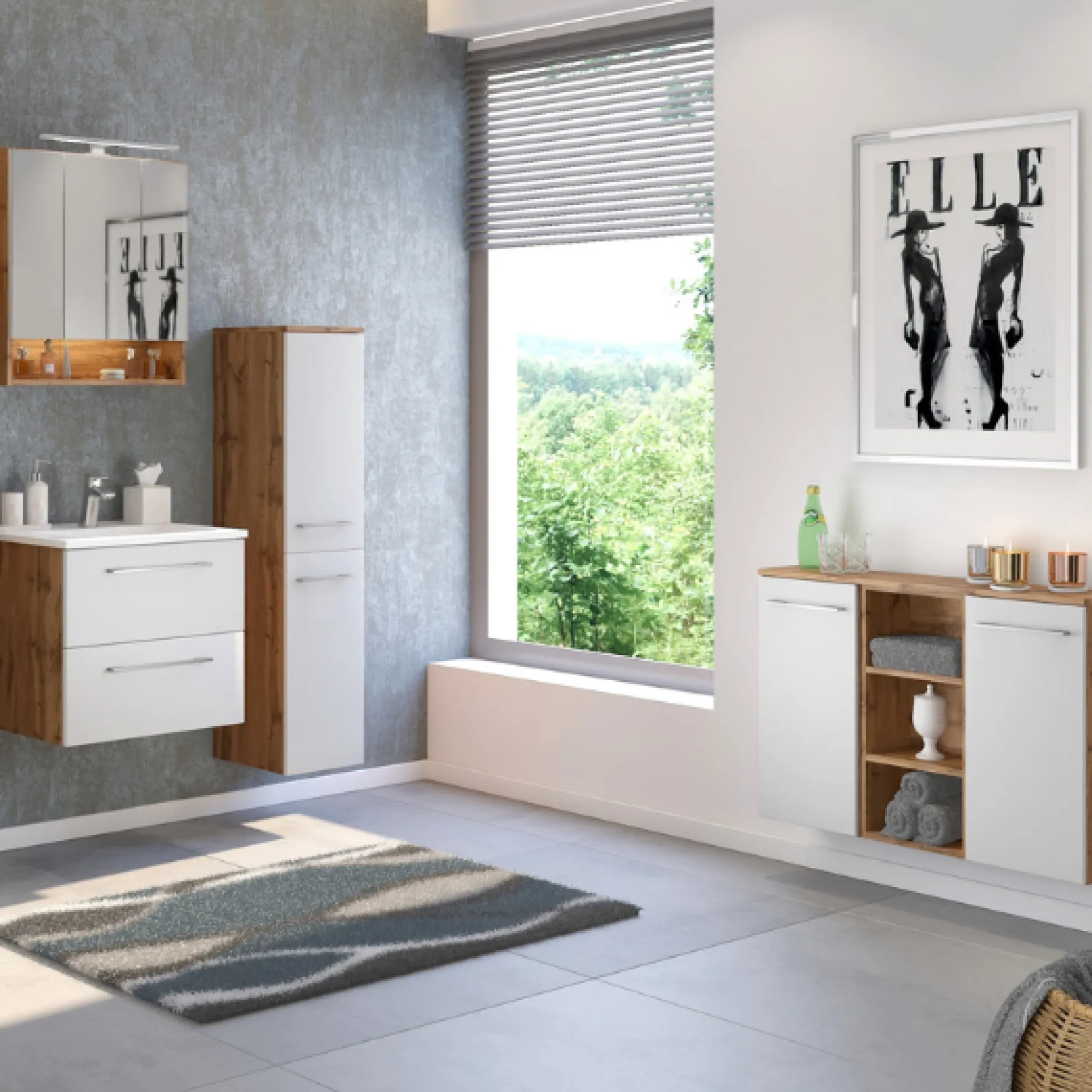 SefaBadezimmer : Spiegelschrank, Waschbeckenschrank, Säulenschrank, Ablageschrank - Eiche/Weiß