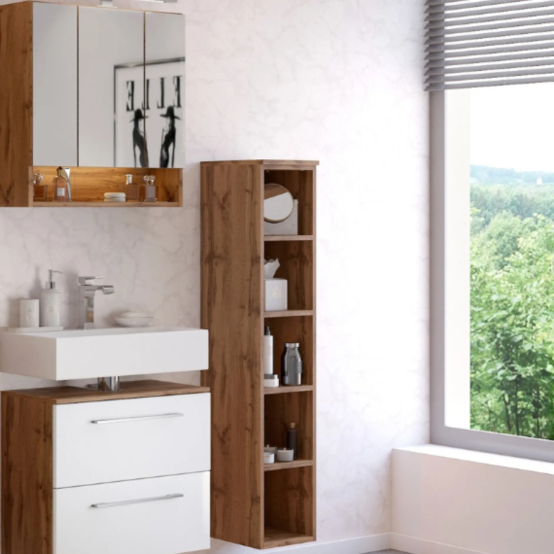 SefaBadezimmer : Spiegelschrank, Waschtischunterschrank, Regal - Eiche/Weiß