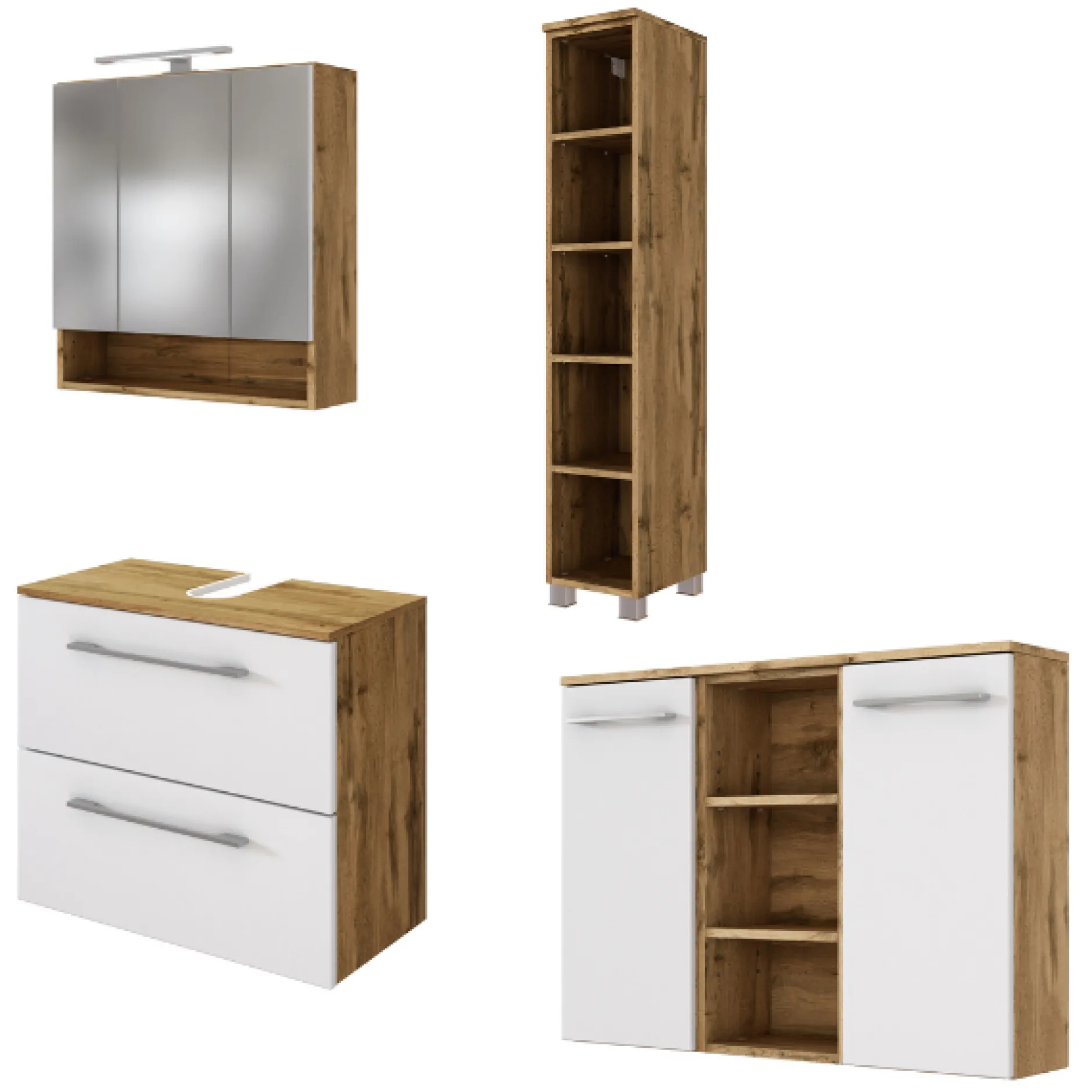 SefaBadezimmer : Spiegelschrank, Waschbeckenunterschrank, Regal, Ablageschrank - Eiche/Weiß