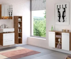 SefaBadezimmer : Spiegelschrank, Waschbeckenunterschrank, Regal, Ablageschrank - Eiche/Weiß