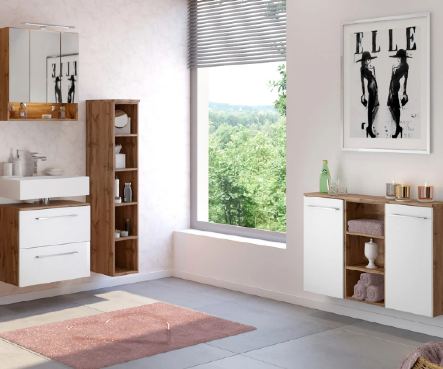 SefaBadezimmer : Spiegelschrank, Waschbeckenunterschrank, Regal, Ablageschrank - Eiche/Weiß