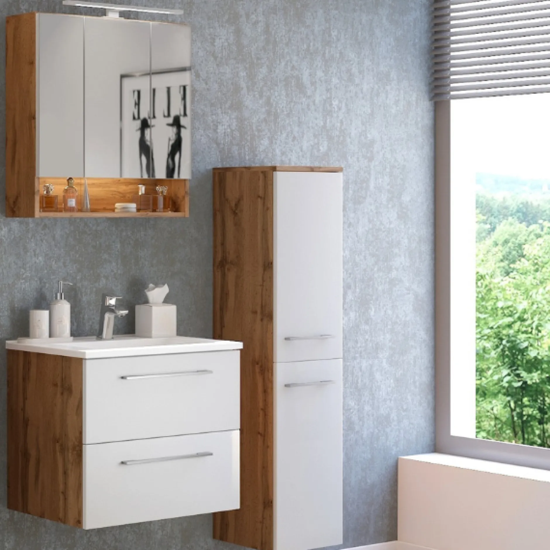 SefaBadezimmer : Spiegelschrank, Waschtischschrank, Säulenschrank - Eiche/Weiß