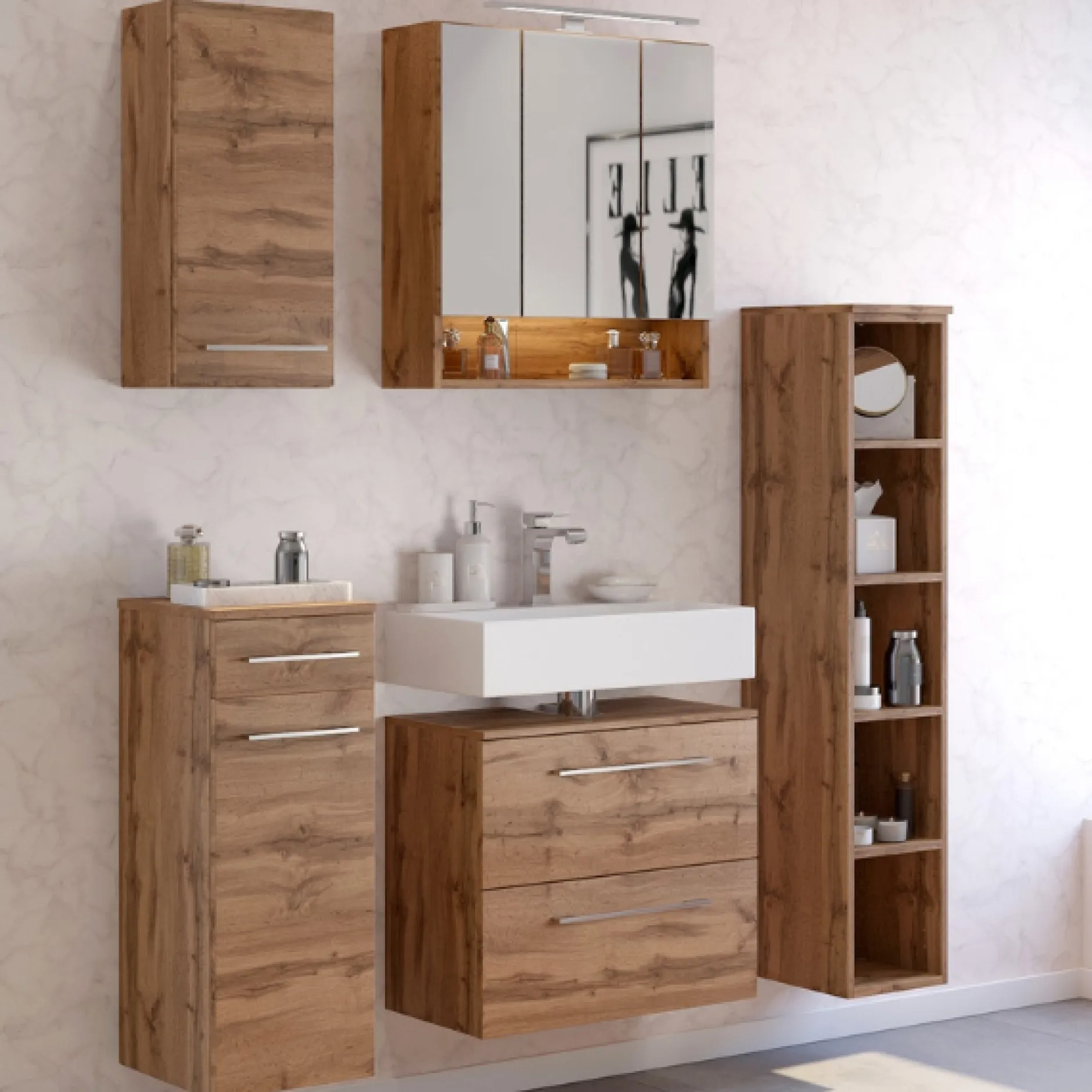 SefaBadezimmer : Wandschrank, Spiegelschrank, Waschbeckenunterschrank, Regal - Eiche