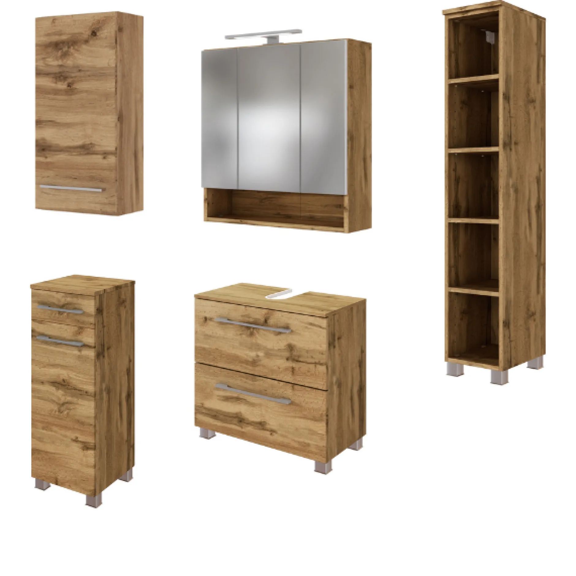 SefaBadezimmer : Wandschrank, Spiegelschrank, Waschbeckenunterschrank, Regal - Eiche