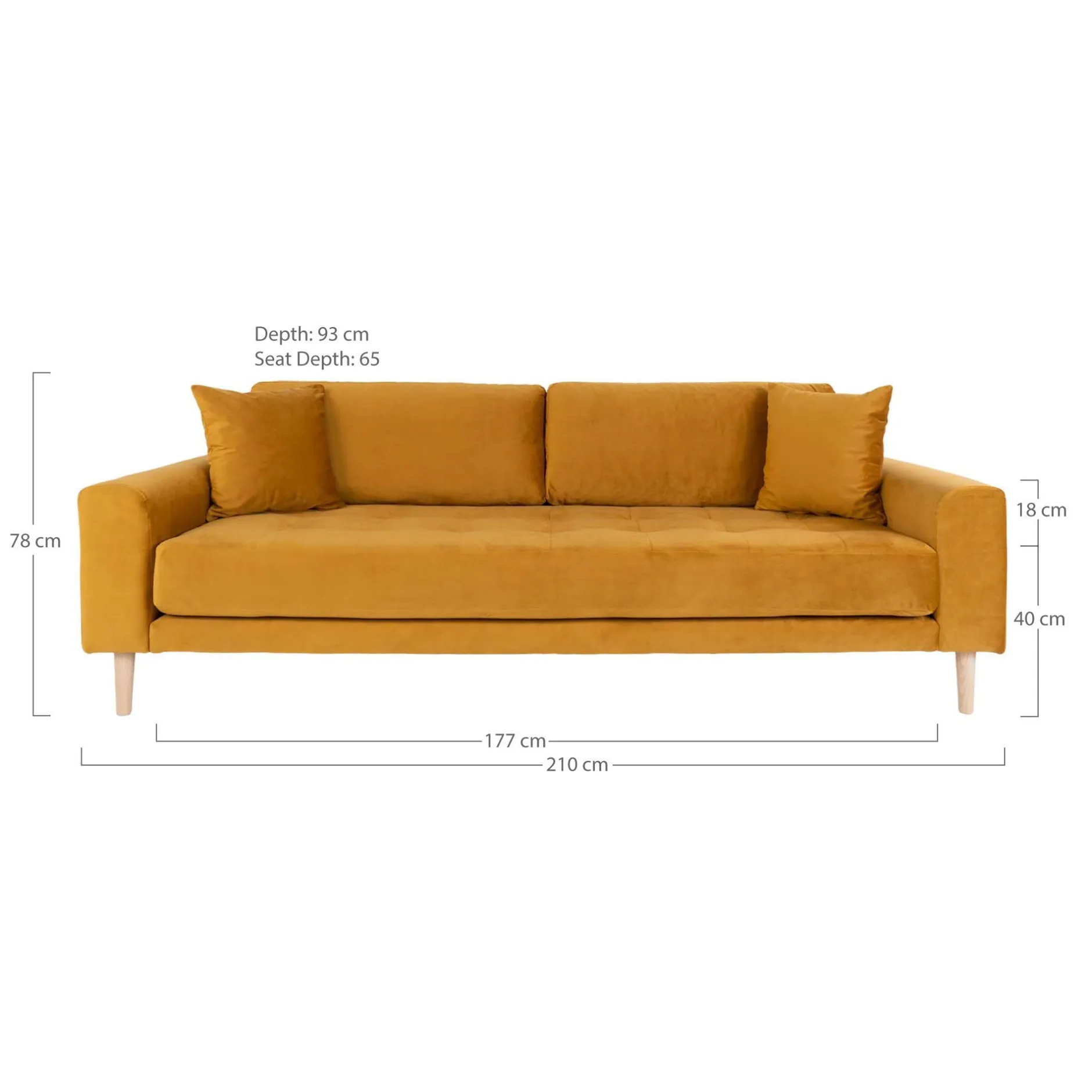 Senfgelbes 3-Sitzer-Sofa aus Samt mit Kissen