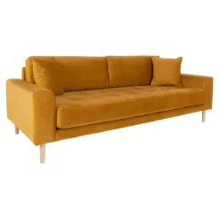 Senfgelbes 3-Sitzer-Sofa aus Samt mit Kissen
