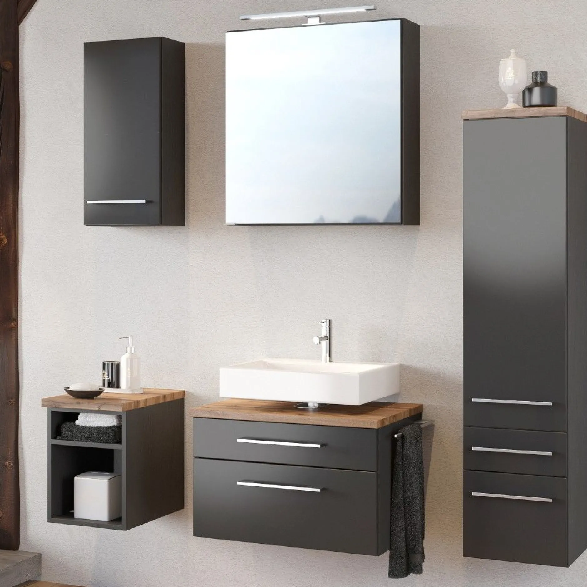 Set Waschtisch und Spiegelschrank Dasa 60cm - graphit/mattgrau