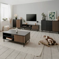 Sideboard Manet - 118x40x90cm - 2 Türen und 4 Schubladen - Schwarz/Eiche Dekor