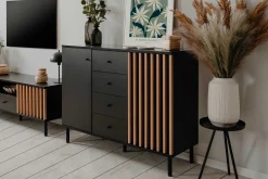 Sideboard Manet - 118x40x90cm - 2 Türen und 4 Schubladen - Schwarz/Eiche Dekor