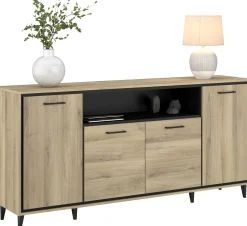 Sideboard Oskar - 180x40x86cm - 4 Türen - mit Beleuchtung - Eiche Dekor/schwarz