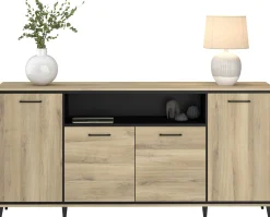 Sideboard Oskar - 180x40x86cm - 4 Türen - mit Beleuchtung - Eiche Dekor/schwarz