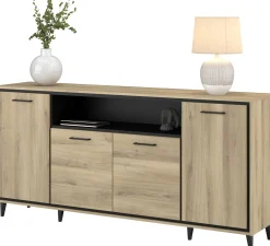 Sideboard Oskar - 180x40x86cm - 4 Türen - mit Beleuchtung - Eiche Dekor/schwarz