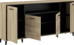 Sideboard Oskar - 180x40x86cm - 4 Türen - mit Beleuchtung - Eiche Dekor/schwarz