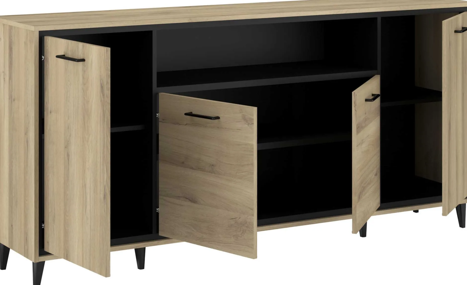 Sideboard Oskar - 180x40x86cm - 4 Türen - mit Beleuchtung - Eiche Dekor/schwarz