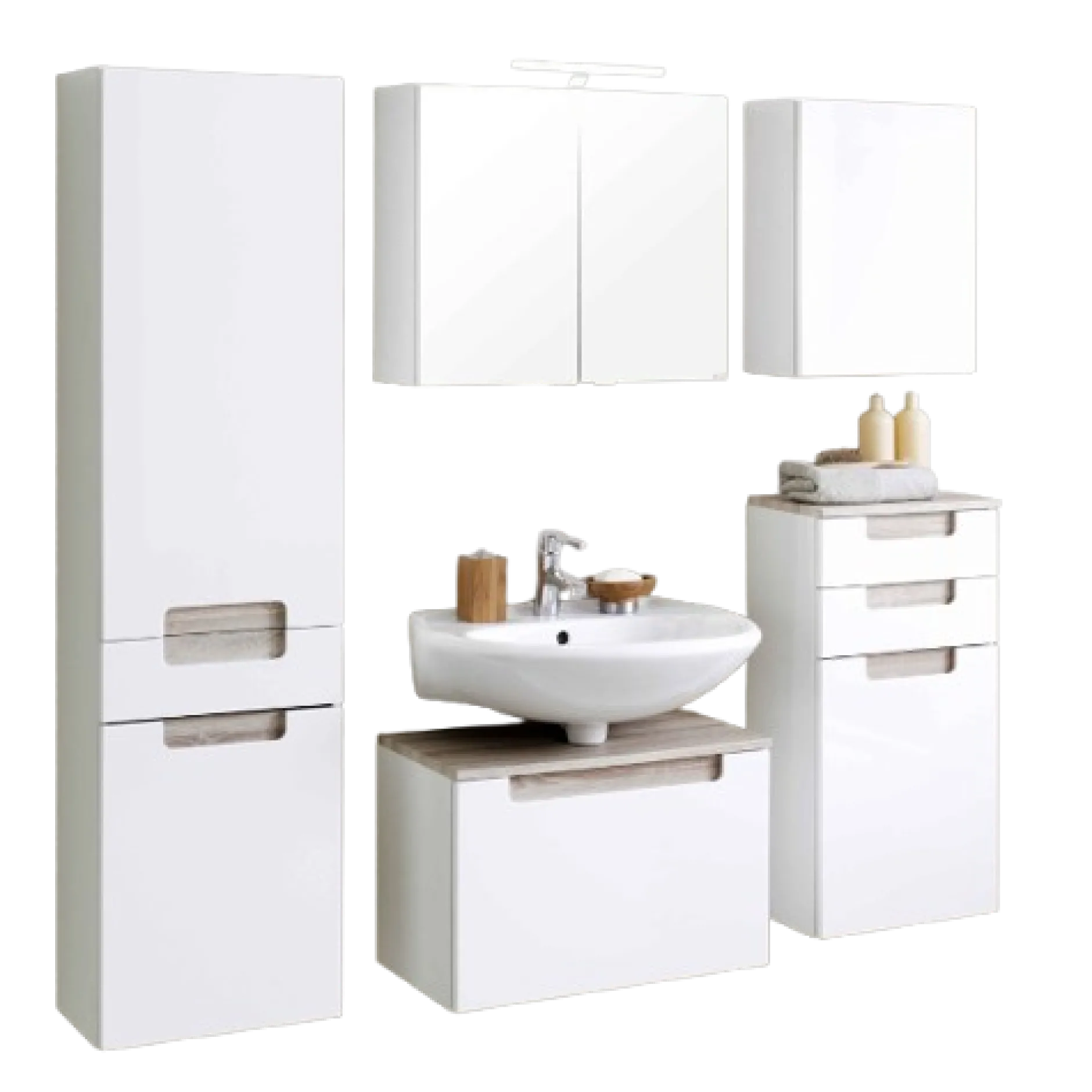 SienaBadezimmer : Säulenschrank, Spiegelschrank, Waschbeckenunterschrank, Hängeschränke - Hochglanz weiß