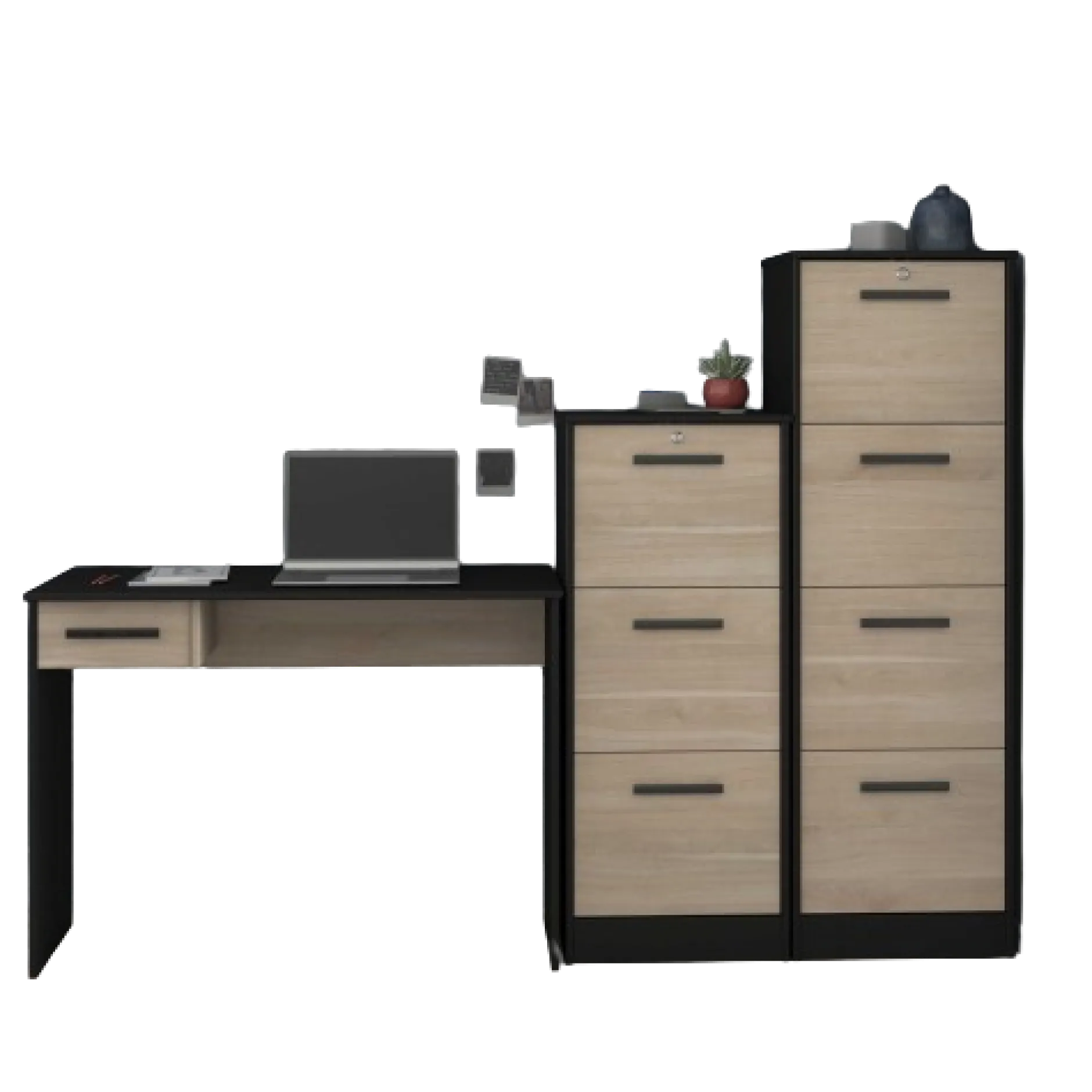 SilBüro-Set : Schreibtisch und zwei Aktenschränke - Eiche Dekor/schwarz