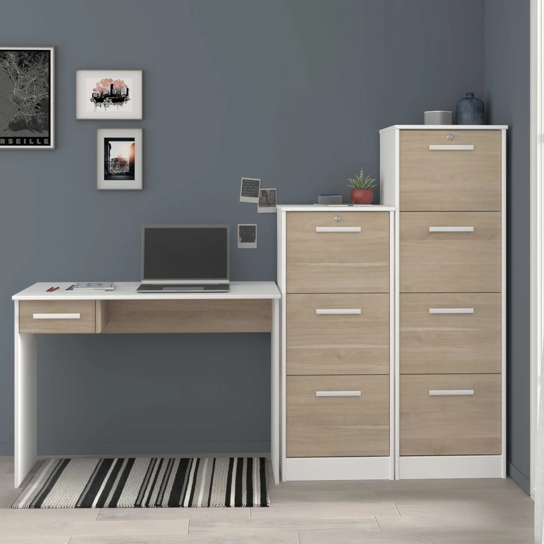 SilBüro-Set : Schreibtisch und zwei Aktenschränke - Eiche Dekor/Weiß