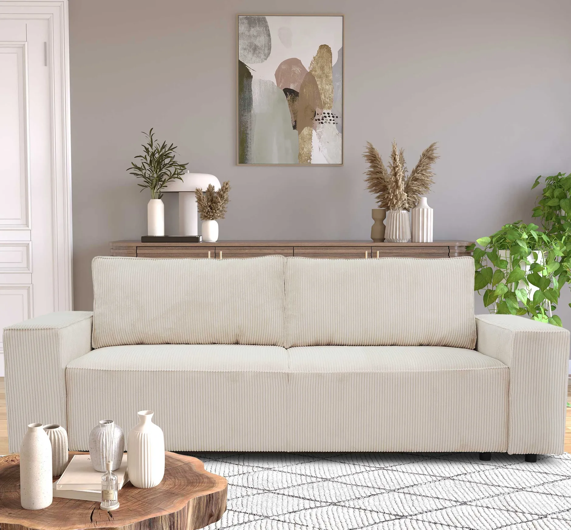 3-Sitzer Sofa Josh - 239x86x85cm - mit Stauraum - beige gerippter Samt
