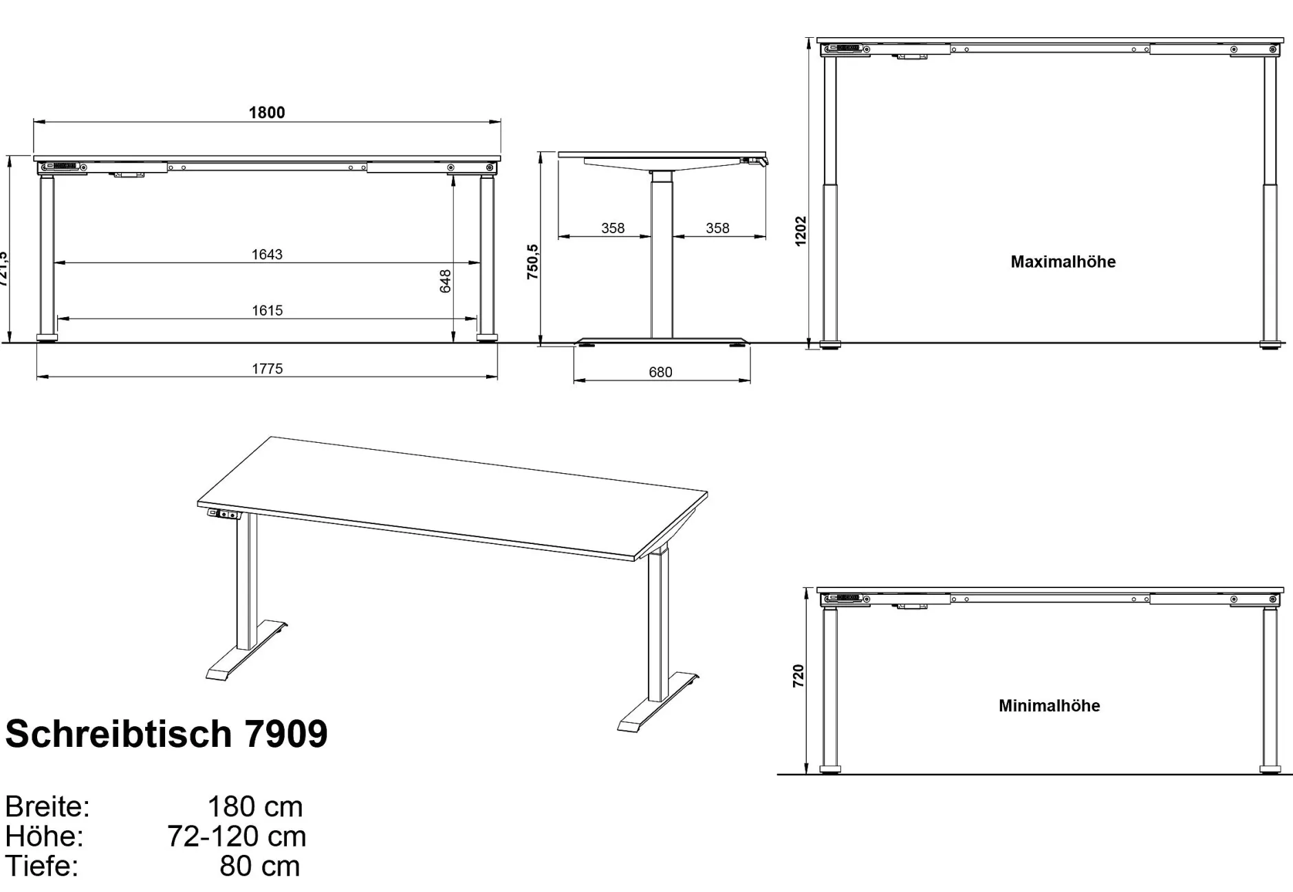 Sitz-Steh-Schreibtisch Hermoso | 180 x 80 x 120 cm | Elektrisch verstellbar | Weiß