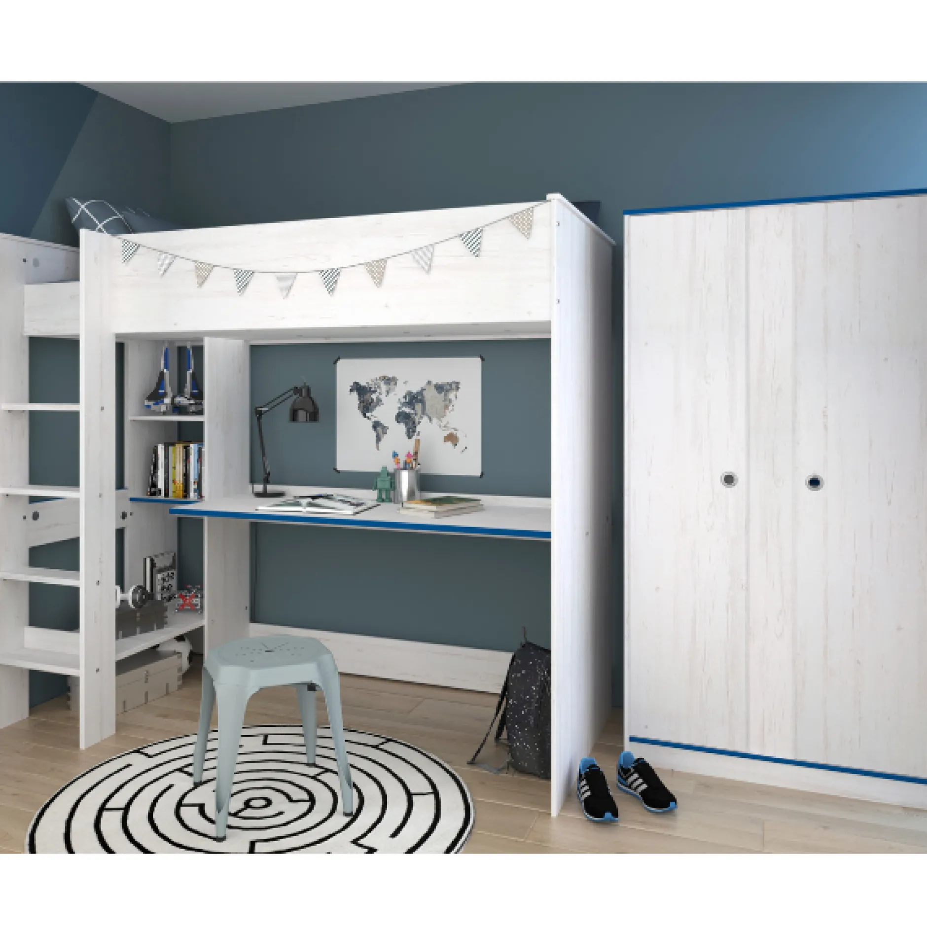 Smoozy Kinderzimmer-Set | Hochbett und Kleiderschrank | Weiß