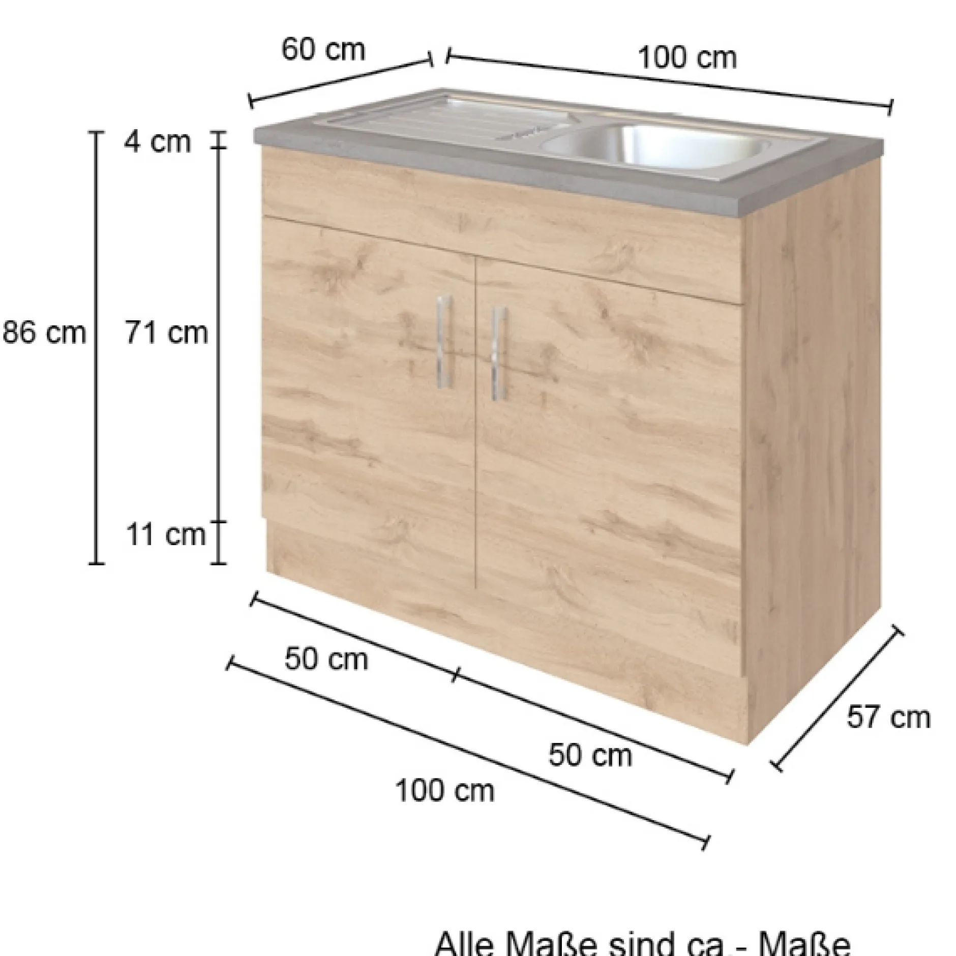 Sockelschrank Sorrella 100cm 2 Türen - Eiche/Beton