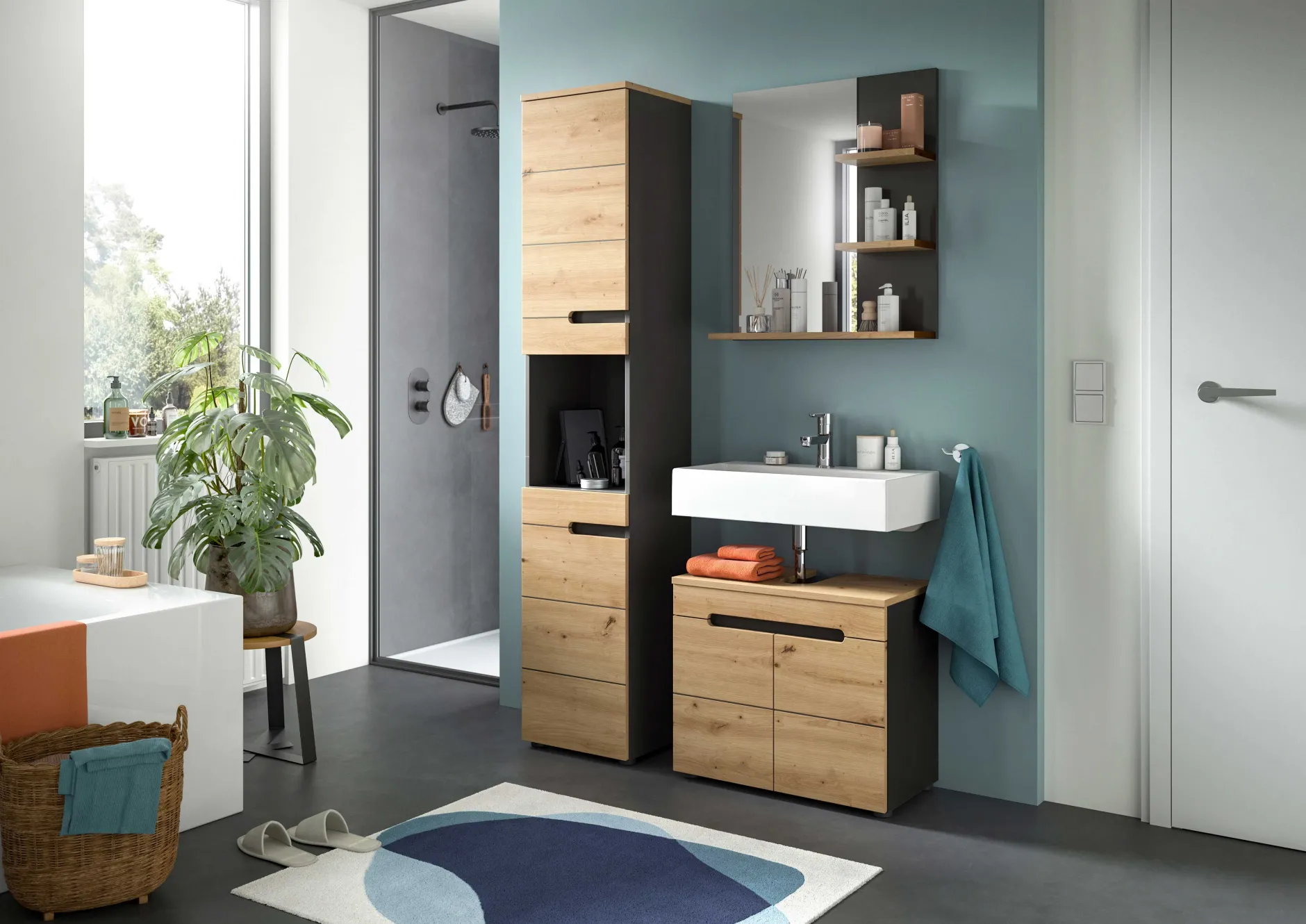 Spiegel Canu Xonox - basaltgrau & Holzoptik - 63x73x16 cm
