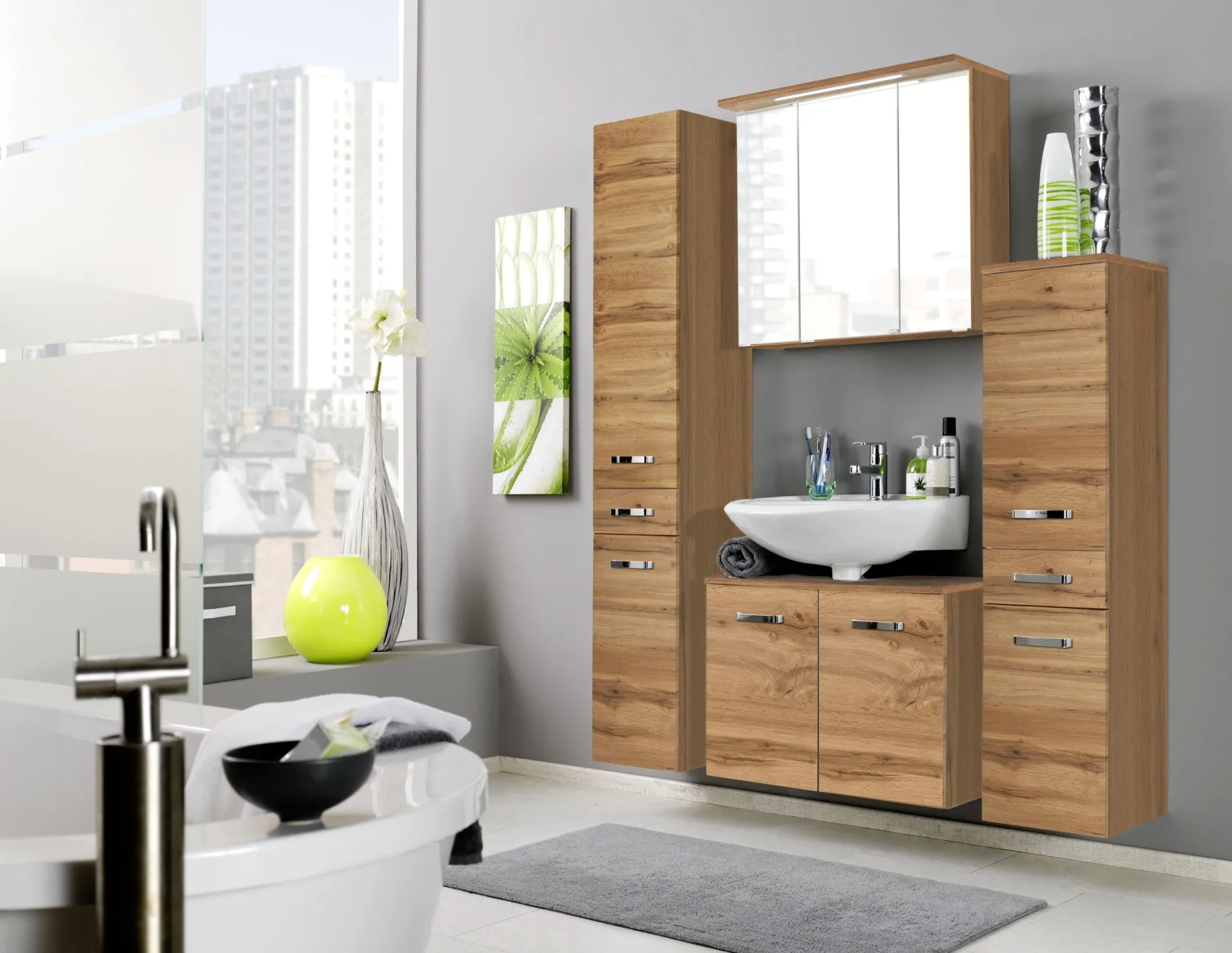 Spiegelschrank Bobbi 80cm Modell 1 3 Türen und led Licht - Eiche