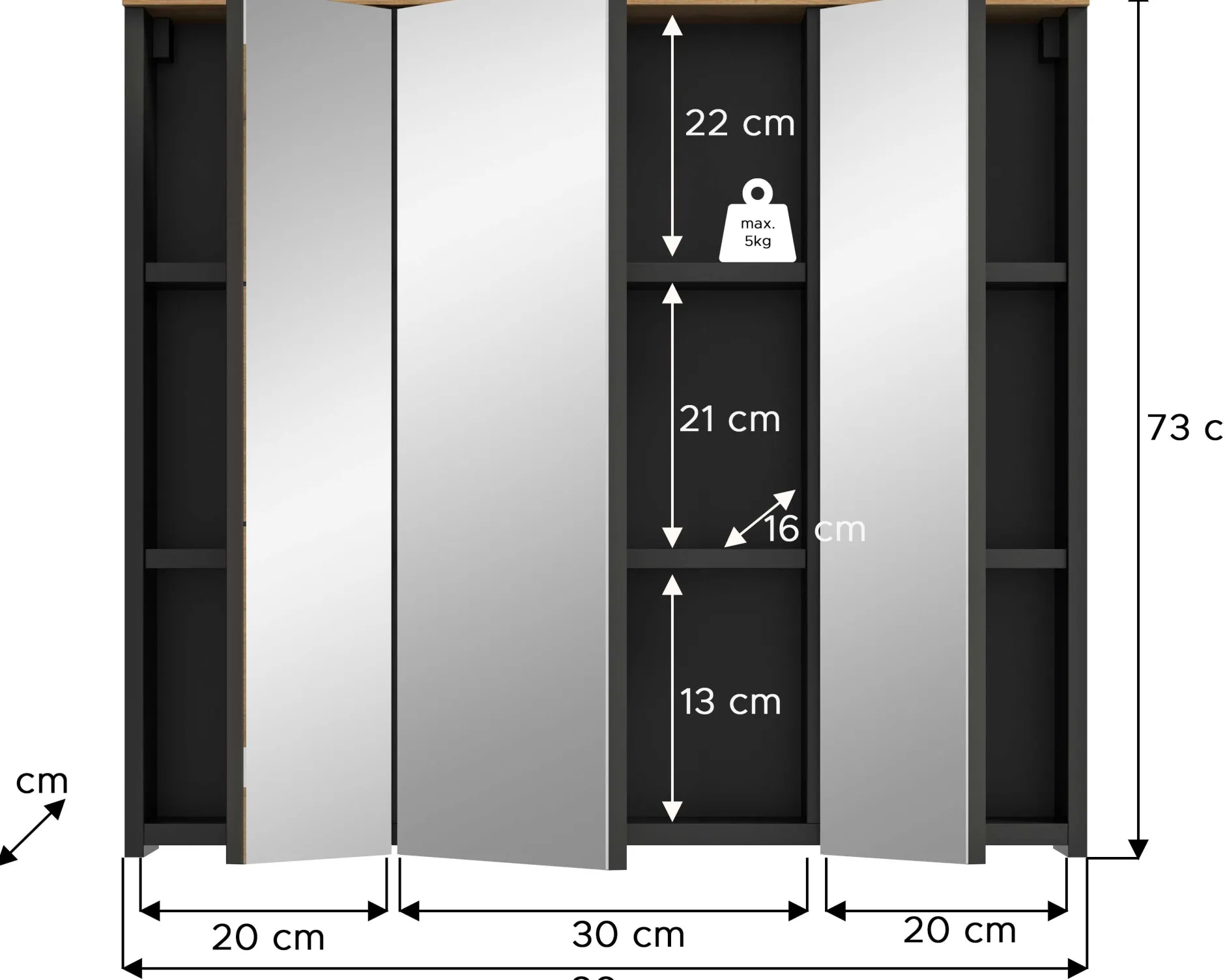 Spiegelschrank Canu Xonox - basaltgrau mit Holz-Detail - 80x73x21 cm