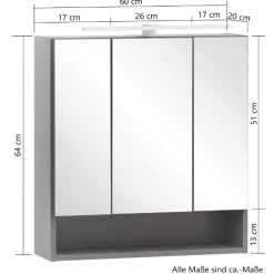 Spiegelschrank Karan 60cm 3 Türen mit Beleuchtung - Eiche