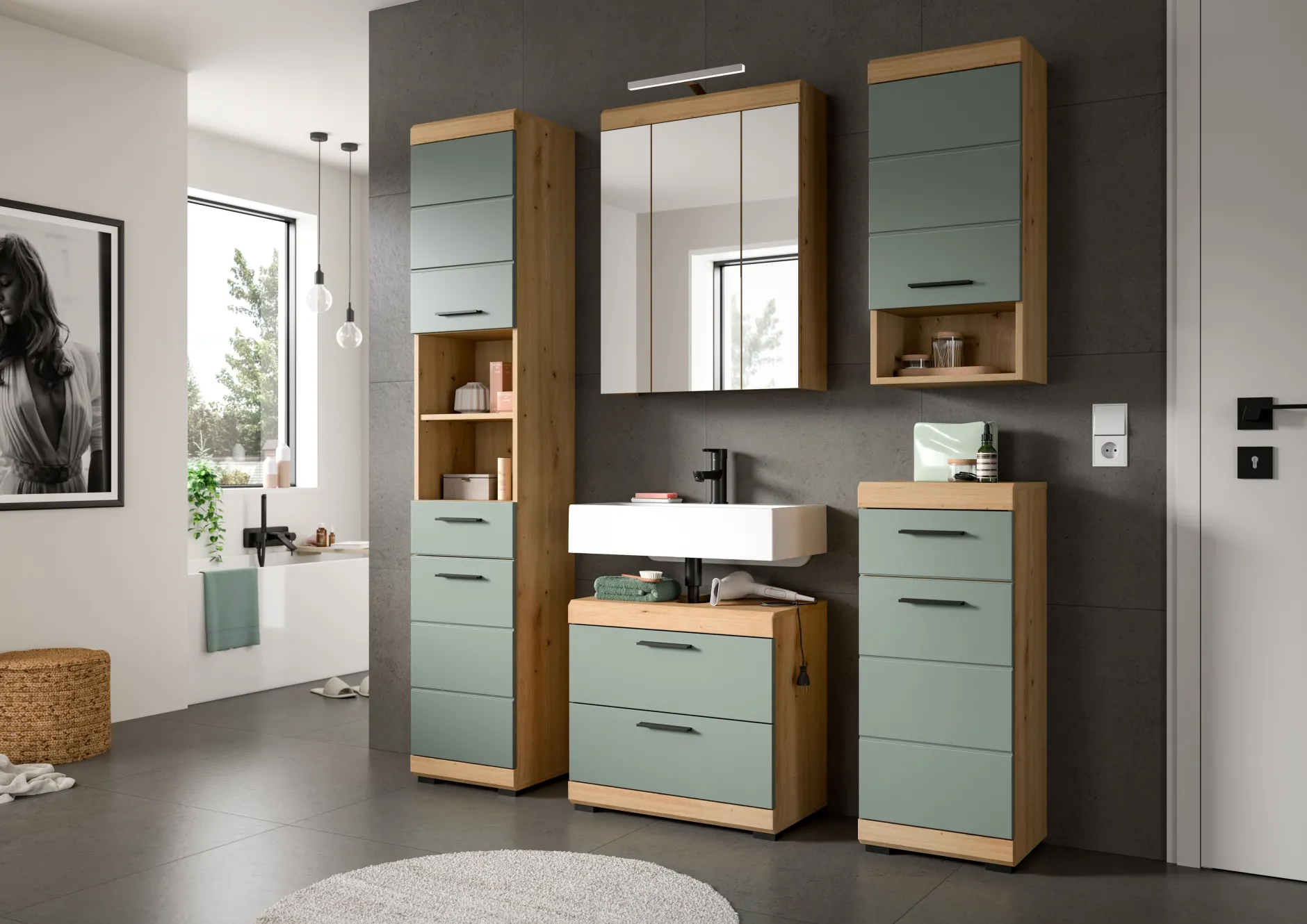 Spiegelschrank Scout Xonox - Sage Grün & Artisan Eiche - 60x79x18 cm
