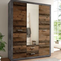 Storck 151cm Kleiderschrank mit 3 Türen und 2 Schubladen und Spiegel - alter Stil/Beton