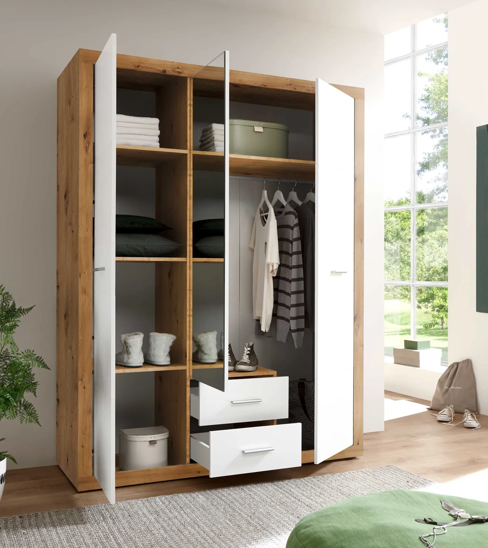 Storck 151cm 3 Türen und 2 Schubladen mit Spiegel - Artisan Eiche/Weiß