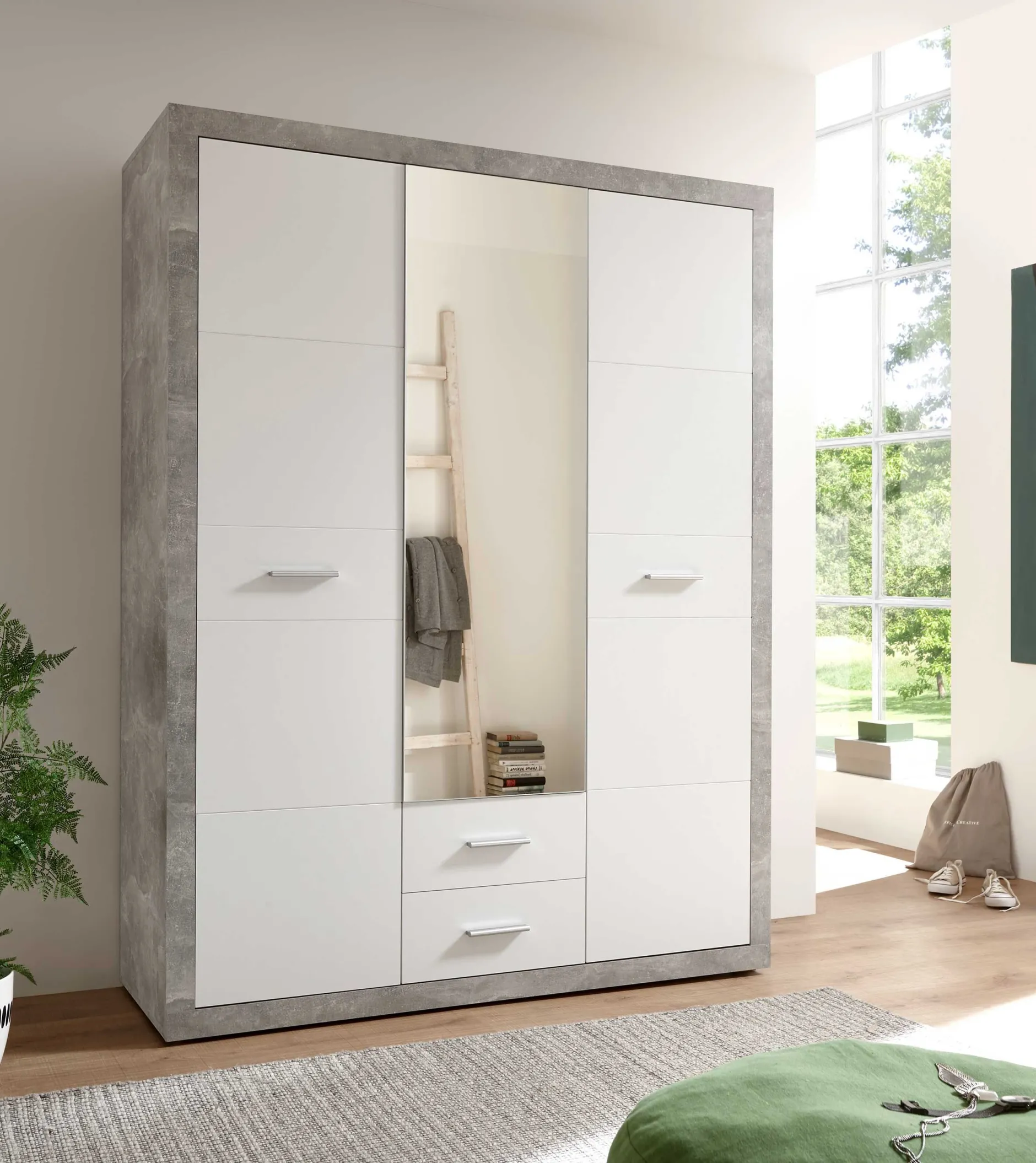 Storck Kleiderschrank 151cm mit 3 Türen und 2 Schubladen und Spiegel - Beton/Weiß