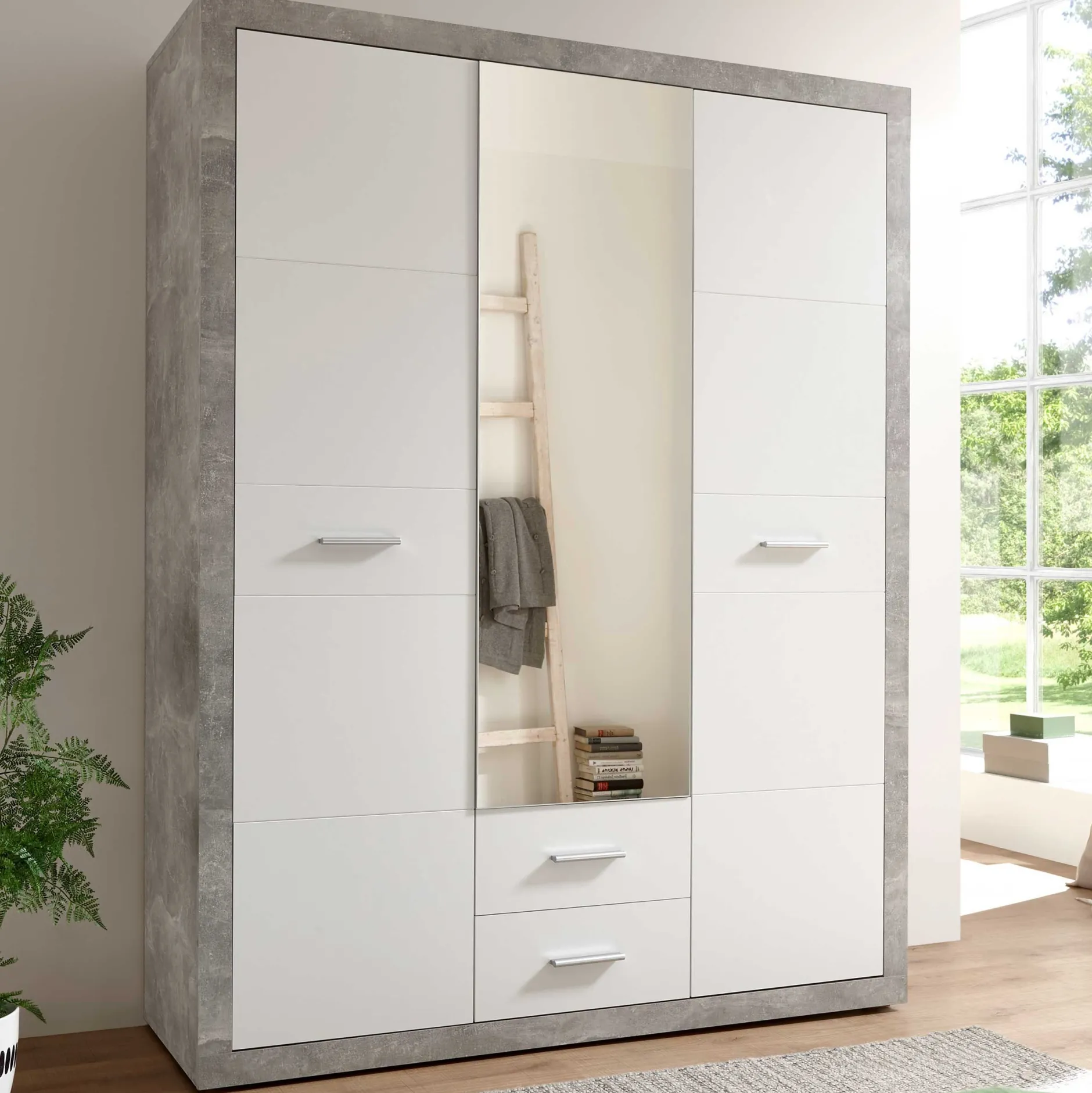 Storck Kleiderschrank 151cm mit 3 Türen und 2 Schubladen und Spiegel - Beton/Weiß
