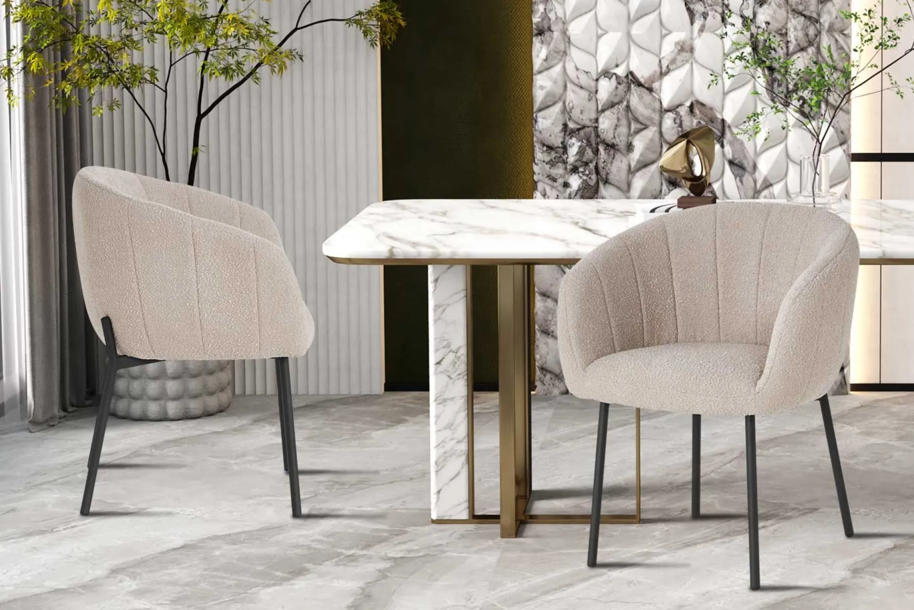 Stuhl Sevilla Bouclé Sand | Metallbeine H-H 79 x B-L 57 x T-P 62 cm