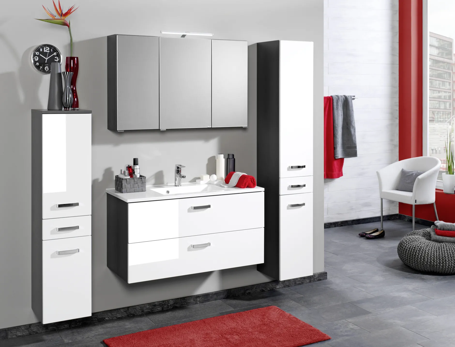 Säulenschrank Bobbi niedrig 30cm 2 Türen und 1 Schublade - graphit/hochglanz-weiß