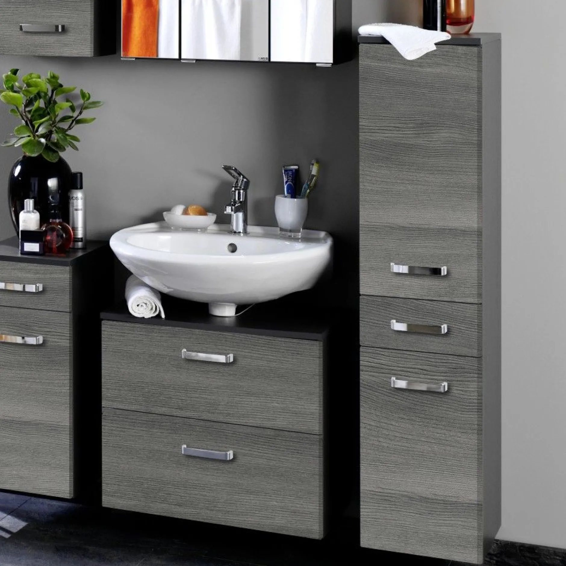 Säulenschrank Bobbi niedrig 30cm 2 Türen und 1 Schublade - graphit/graue Eiche