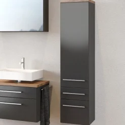 Säulenschrank Dasa 30cm mit 1 Tür und 2 Schubladen - graphit/mattgrau