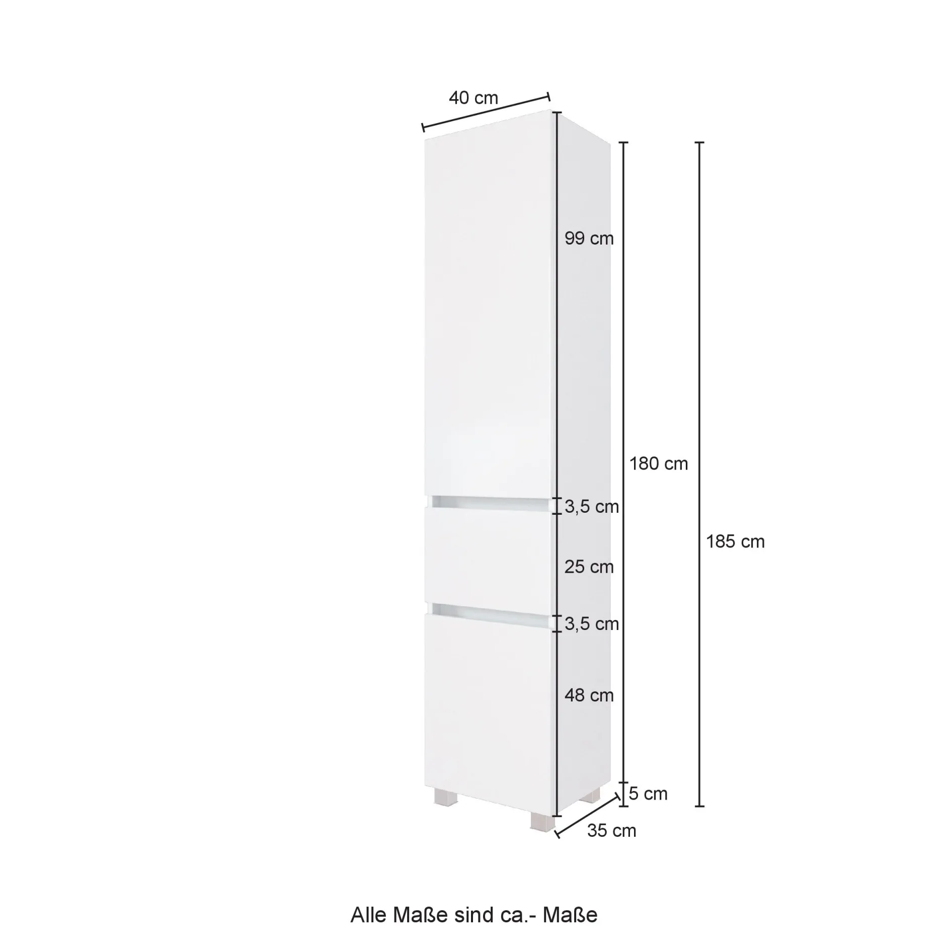 Säulenschrank Kornel/Luna 40cm 2 Türen und 1 Schublade - Eiche/mattweiß