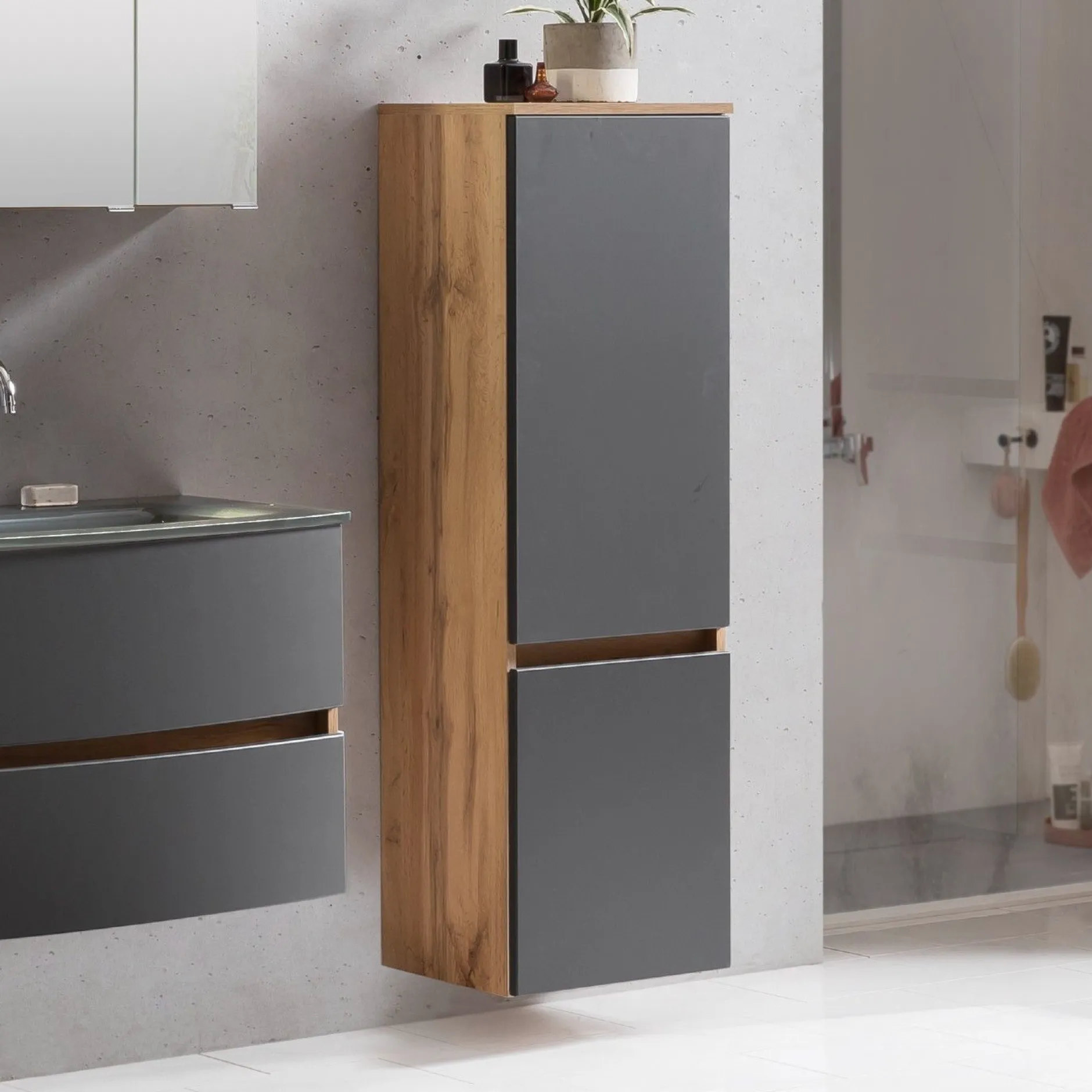 Säulenschrank Kornel/Luna 40cm 2 Türen - Eiche/mattgrau