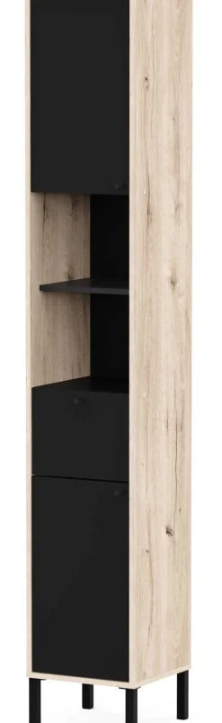 Säulenschrank Lagon - 39x33x201cm - 2 Türen und 1 Schublade - Schwarz/Eiche Dekor
